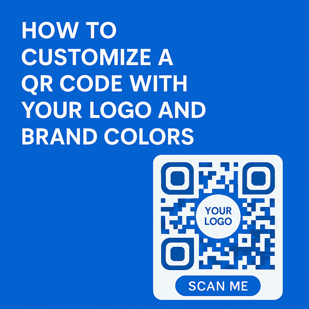 A modern blue and white graphic with the title “How to Customize a QR Code with Your Logo and Brand Colors.” It features a stylized QR code in branded colors with a company logo in the center, surrounded by a circular frame and a call-to-action text below.