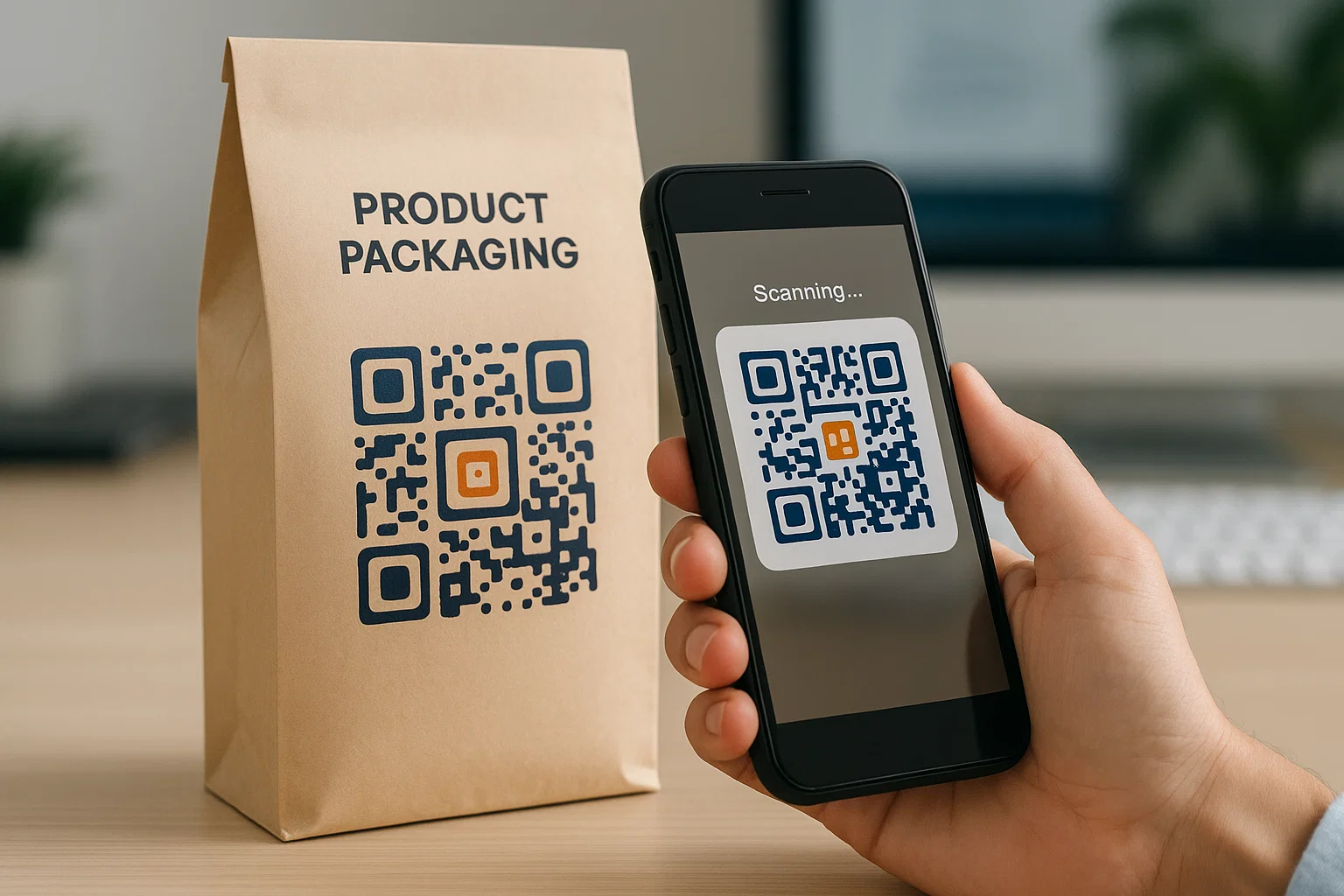 Custom QR code on product packaging being scanned with a smartphone