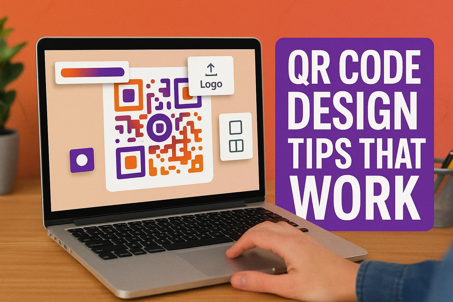 Designer customizing a branded QR code on a laptop with logo, colors, and style options