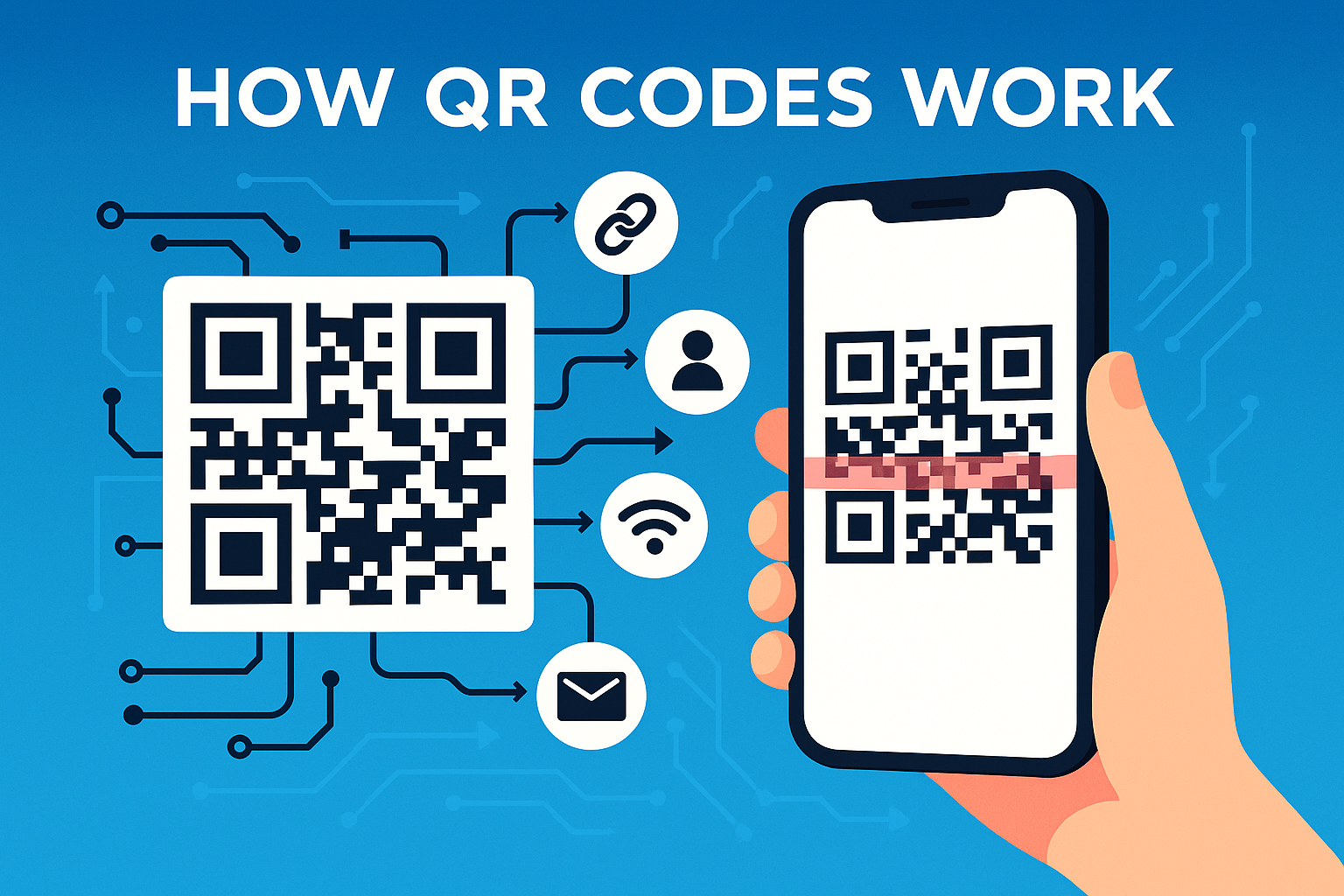 Illustration of a QR code being scanned by a smartphone with data emerging from it