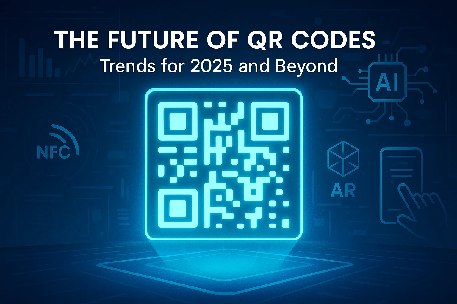 Futuristic QR code glowing on a digital interface with analytics and AI icons in the background